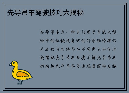 先导吊车驾驶技巧大揭秘